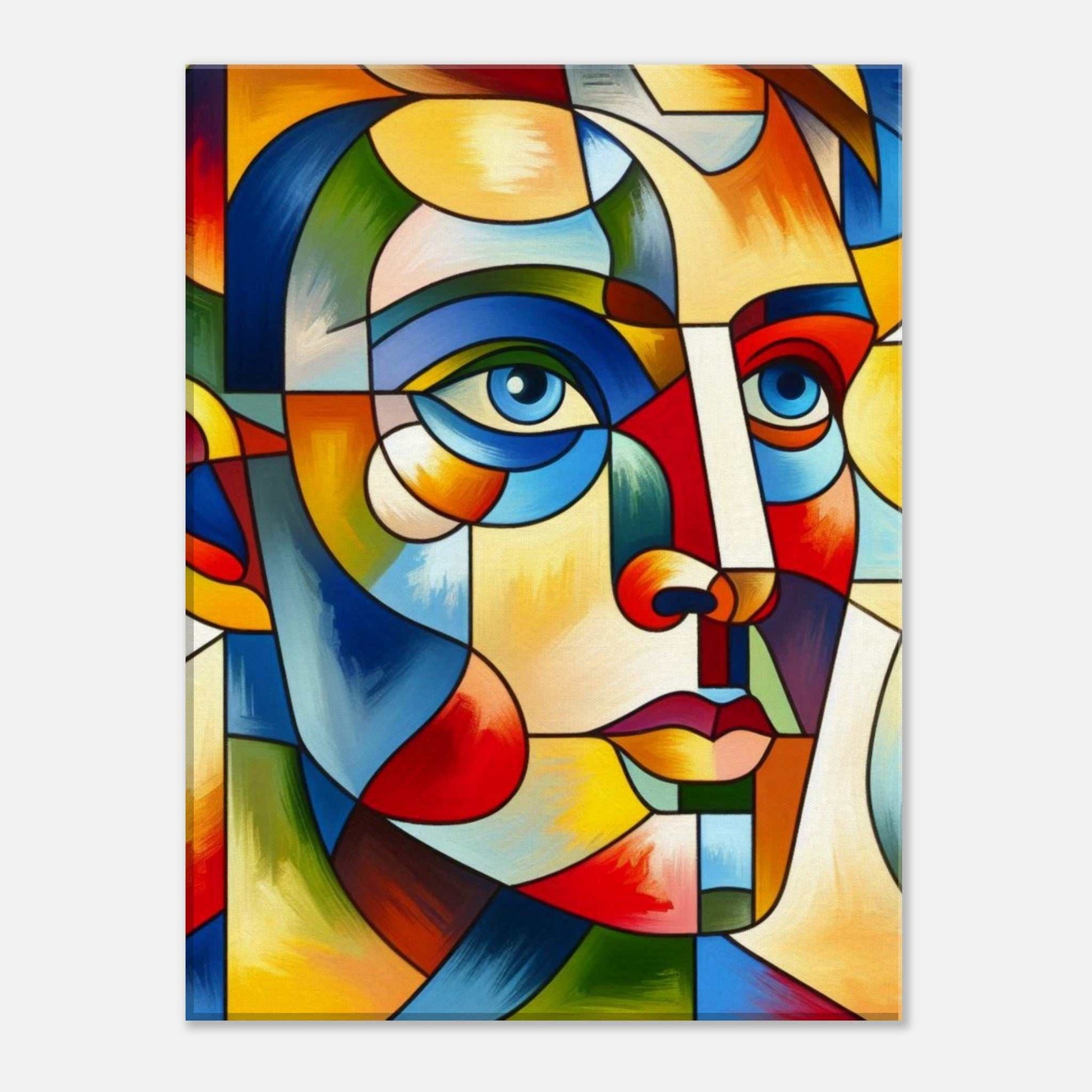 Colorful abstract face canvas print with geometric design and bold colors.