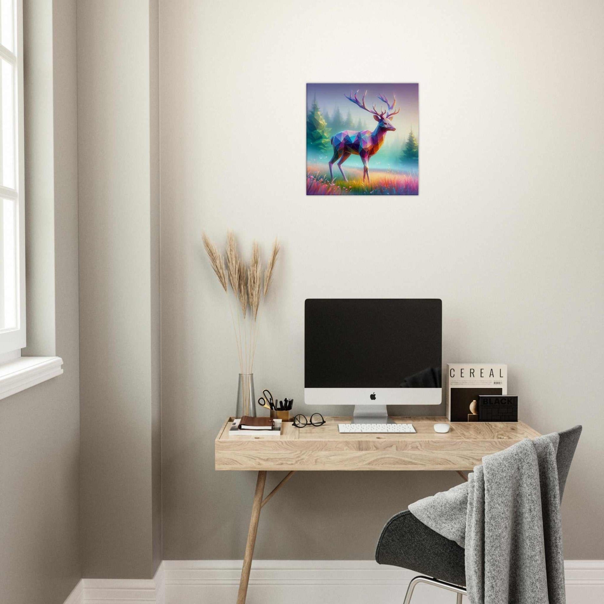 Stag canvas wall art in a modern office setting.