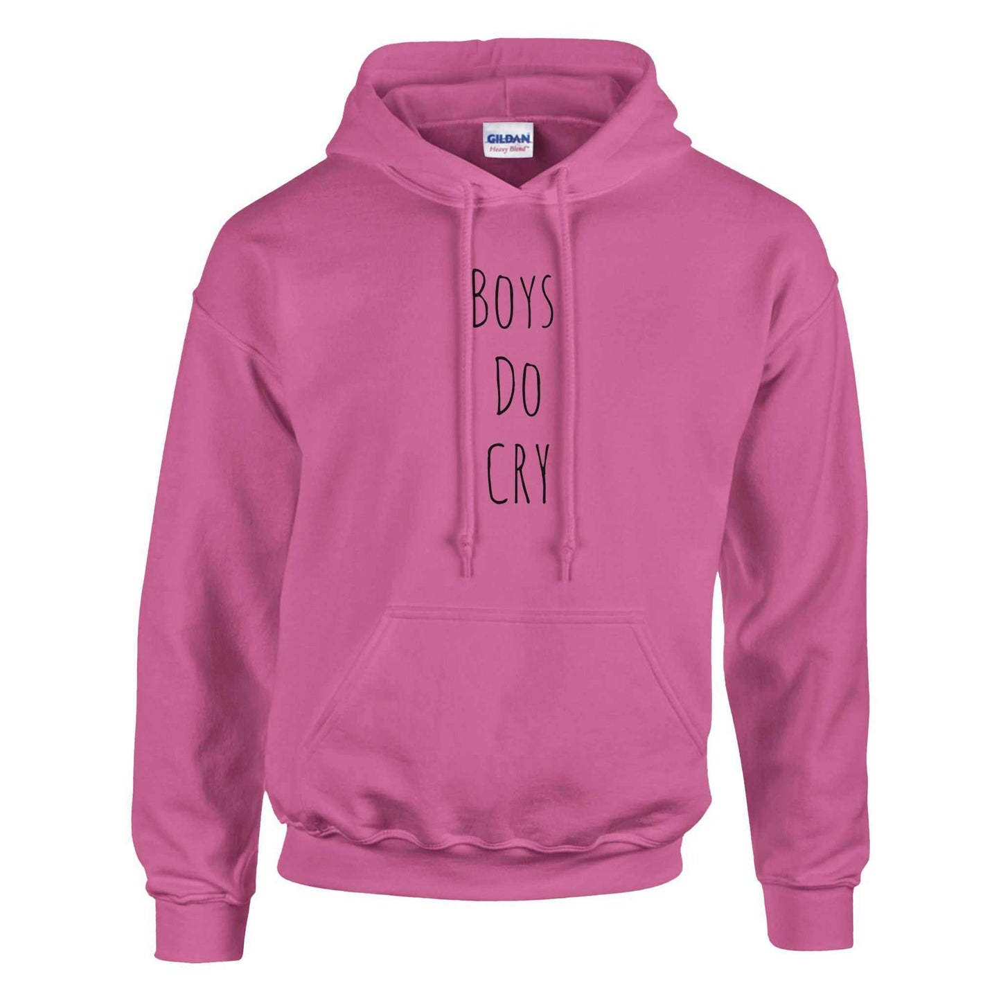 Boys Do Cry printed classic pullover hoodie in pink, featuring a soft cotton-poly blend, double-lined hood, and front pouch pocket.