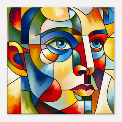 Modern abstract face canvas print with vibrant colors and geometric design.