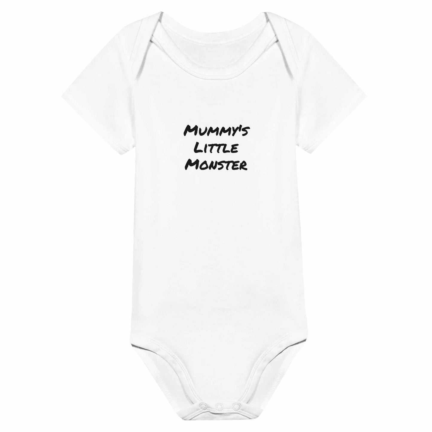 Monster Classic Baby Short Sleeve Bodysuit with "Mummy's Little Monster" print, white cotton.