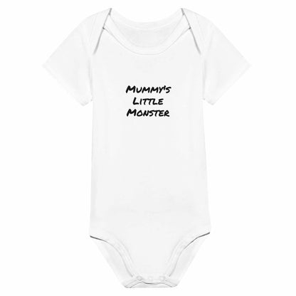 Monster Classic Baby Short Sleeve Bodysuit with "Mummy's Little Monster" print, white cotton.