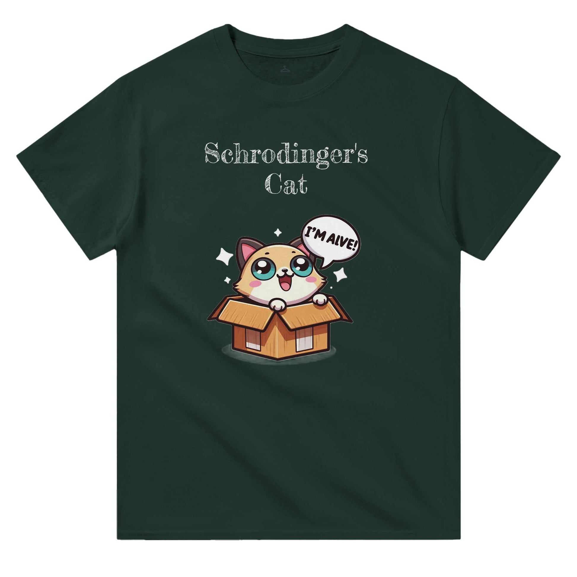 Schrodinger's Cat Crewneck T-shirt featuring humorous cat design, cotton fabric, classic fit.