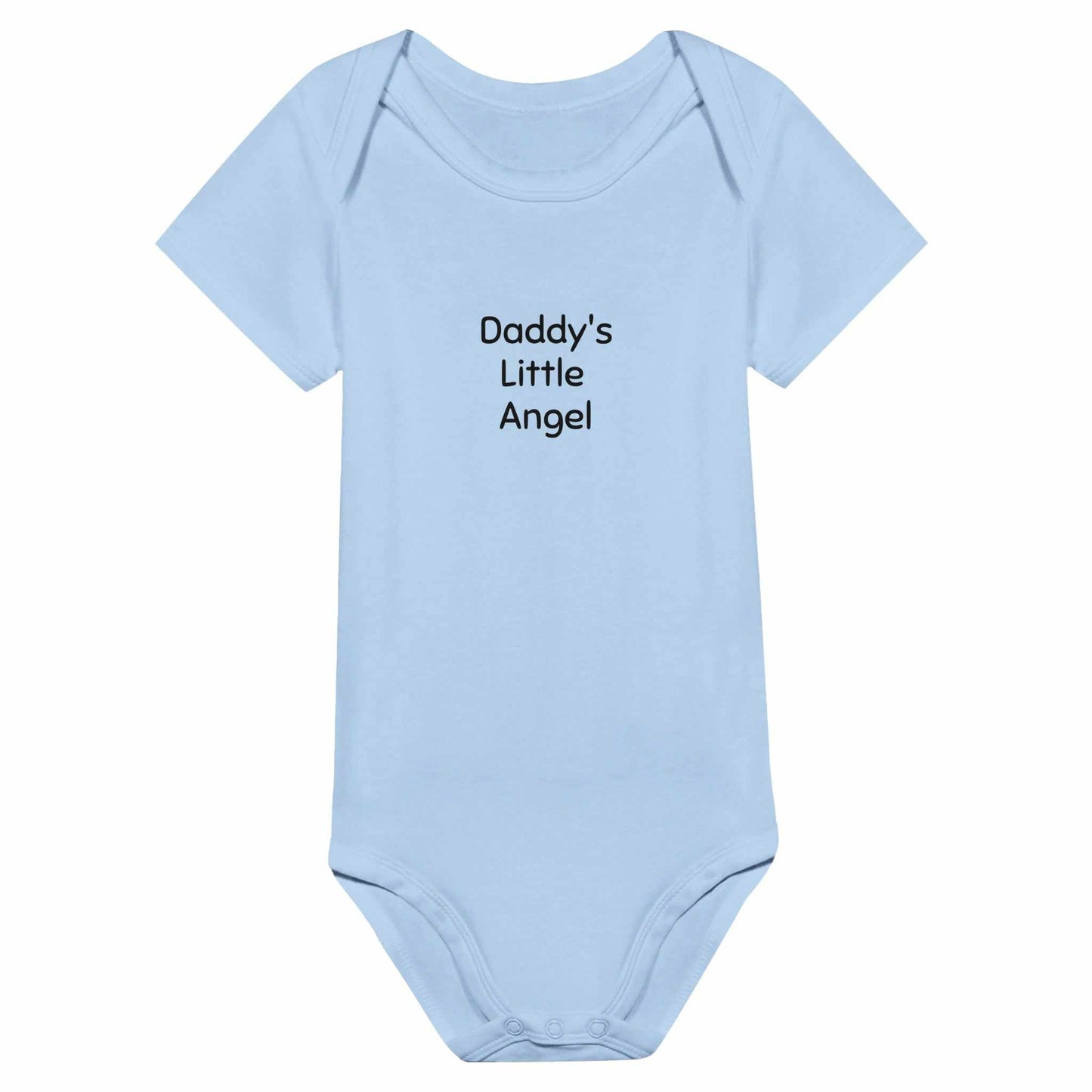 Light blue "Daddy's Little Angel" baby short sleeve bodysuit, 100% cotton.