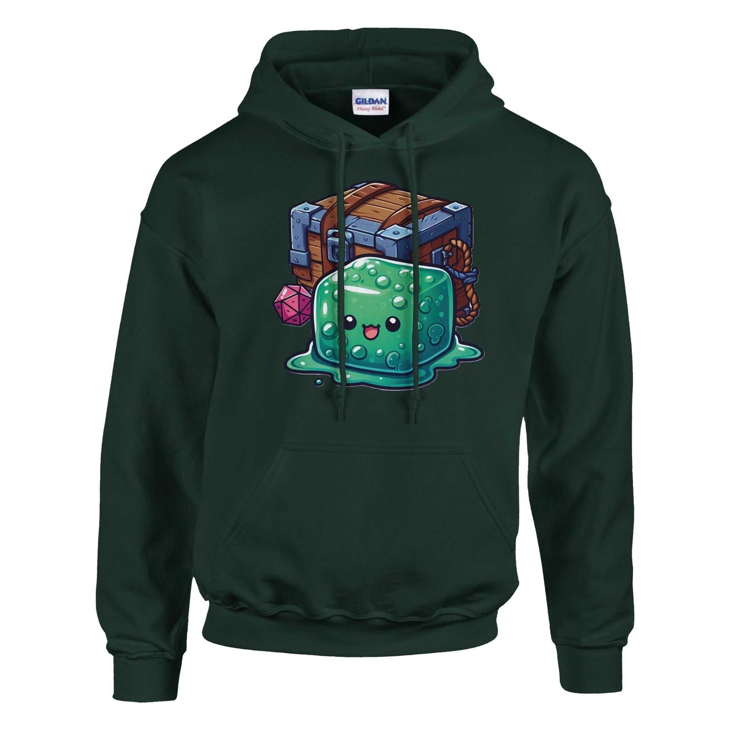 Women's pullover hoodie with gelatinous cube and mimic design, soft cotton-poly blend, features front pouch pocket and double-lined hood.