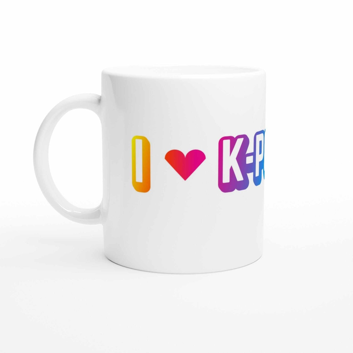 Love Kpop White 11oz Ceramic Mug with colorful print, dishwasher and microwave safe.