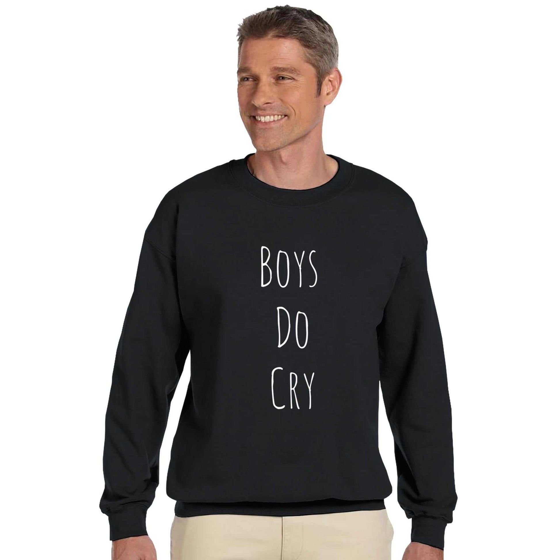 Boys Do Cry printed crewneck sweatshirt, soft blend, classic fit, black sweater.