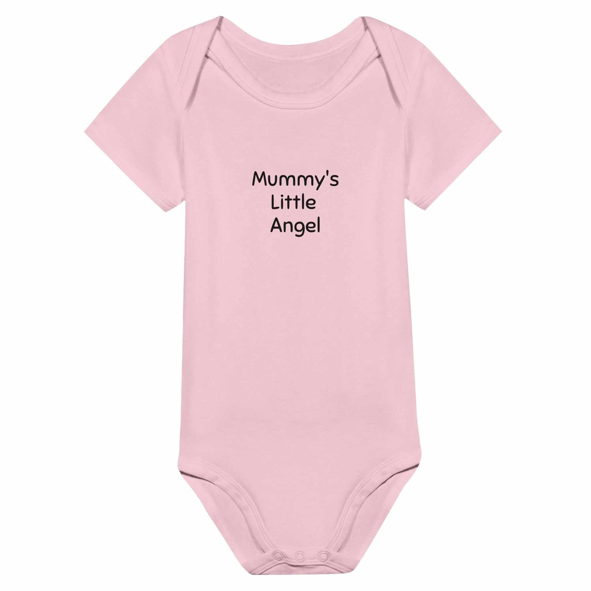 Mummy's Little Angel Baby Short Sleeve Bodysuit in pink with black text on front.