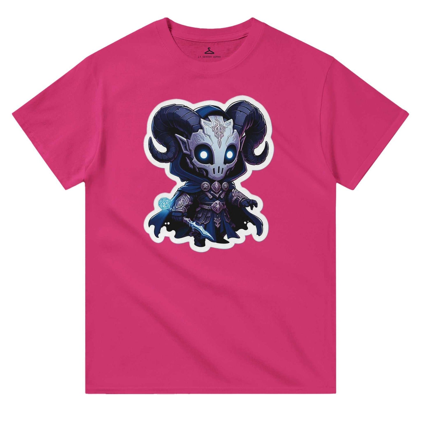 Voidwalker Men's Crewneck T-shirt in pink with a graphic of a character wearing a dark robe and horned helmet.