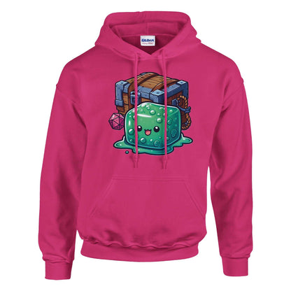 Pink Gelatinous Cube and Mimic women's pullover hoodie with graphic design.