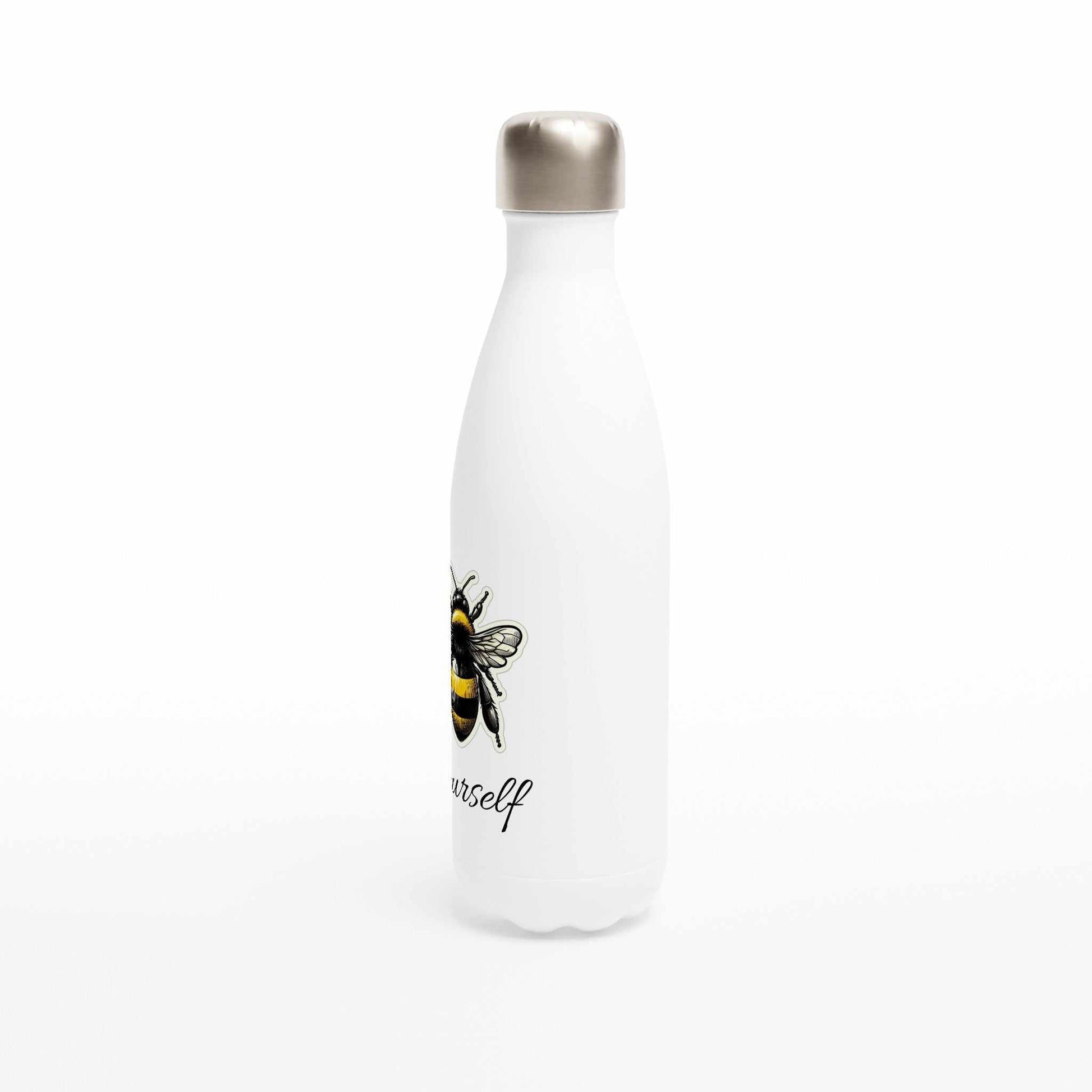 White 17oz stainless steel water bottle with bee design, double-wall insulation, and leak-proof cap.