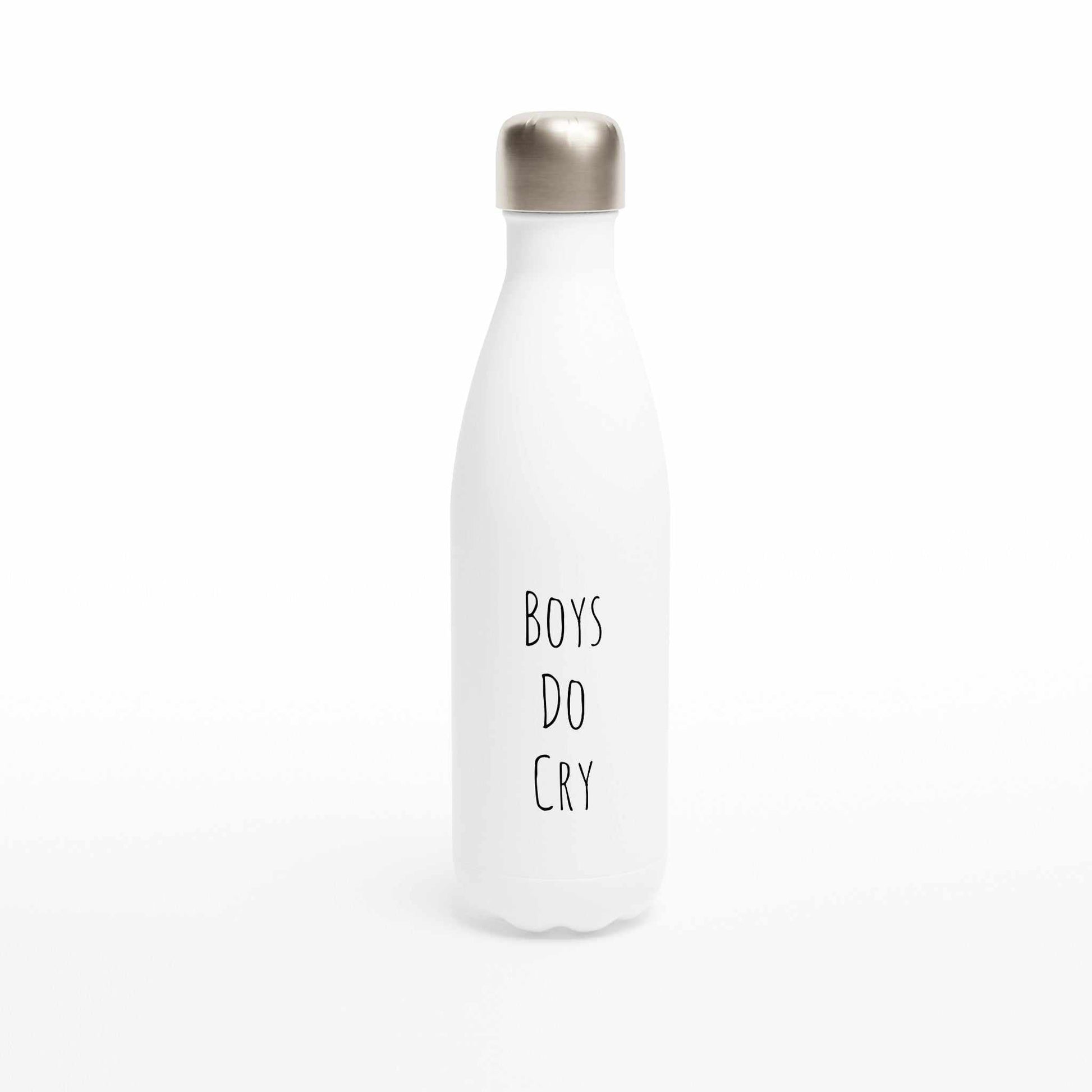 Cry White 17oz Stainless Steel Water Bottle with "Boys Do Cry" text, leak-proof design.