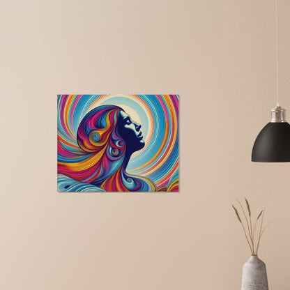 Canvas print of a lady feeling the sun with colorful swirling patterns, enhancing natural look and feel.