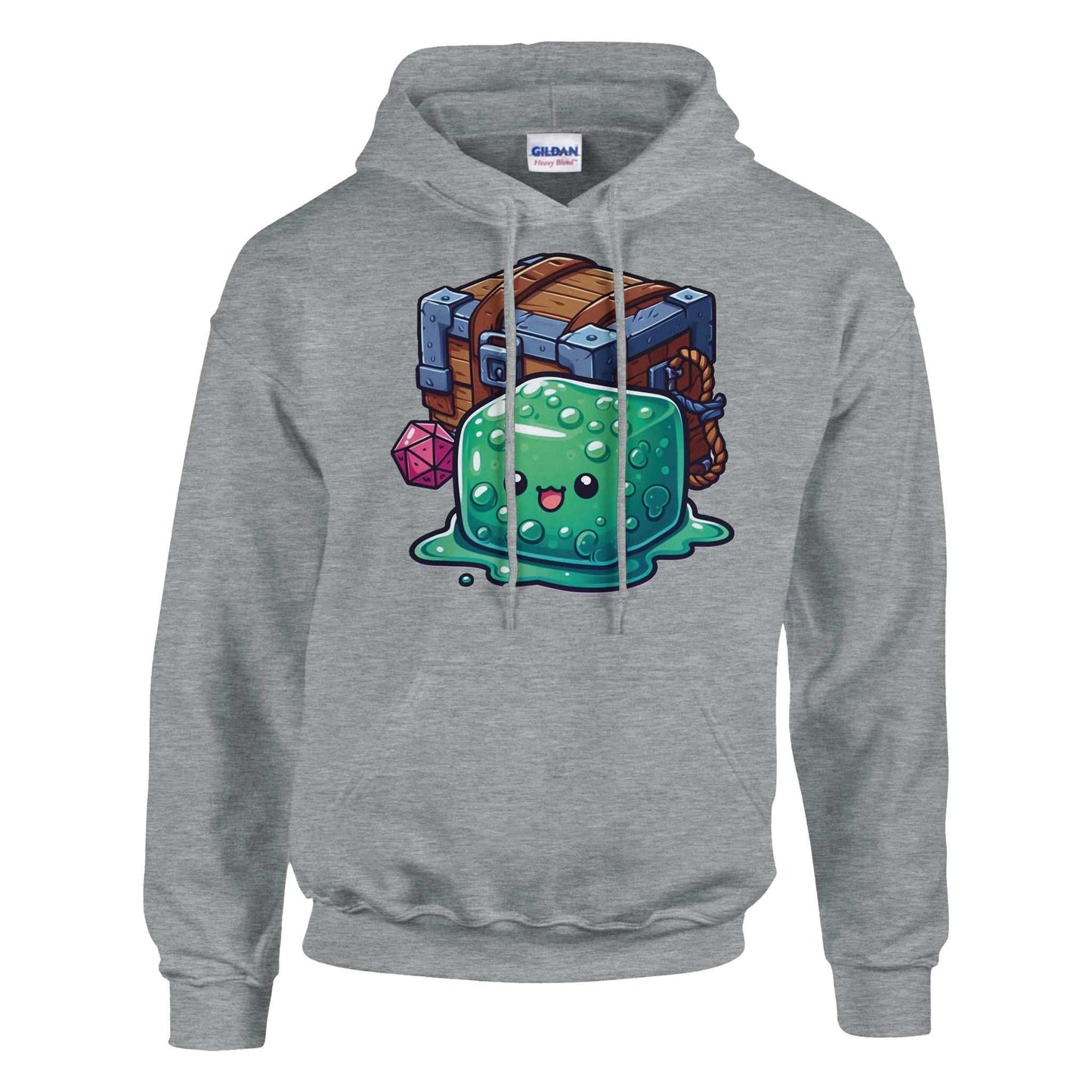 Gelatinous Cube and Mimic design pullover hoodie for men, 50% cotton and 50% polyester, double-lined hood, front pouch pocket.