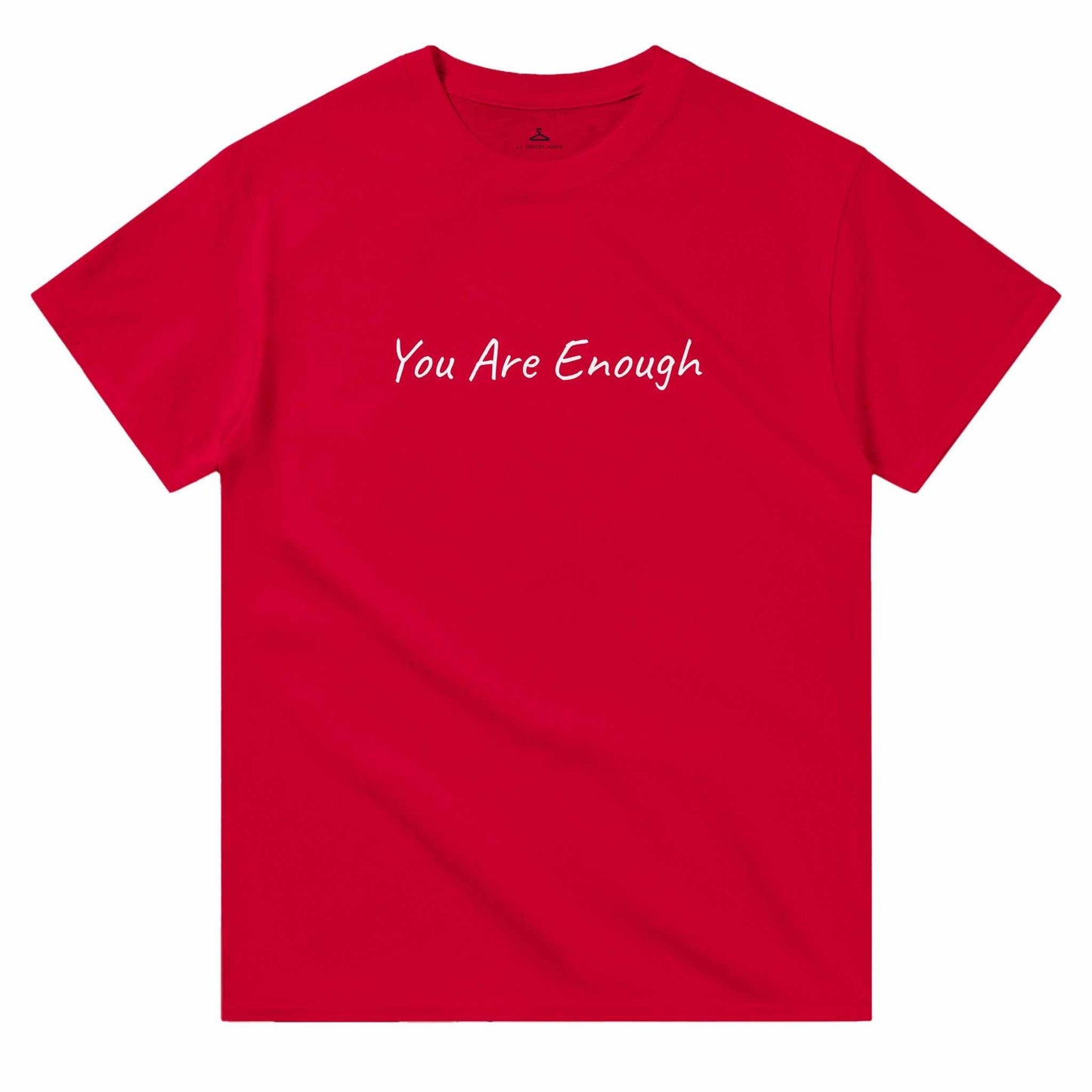 Red women's crewneck t-shirt with "You Are Enough" text, 100% cotton, classic fit.