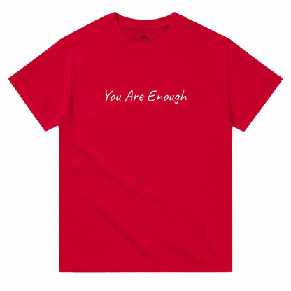 Red women's crewneck t-shirt with "You Are Enough" text, 100% cotton, classic fit.