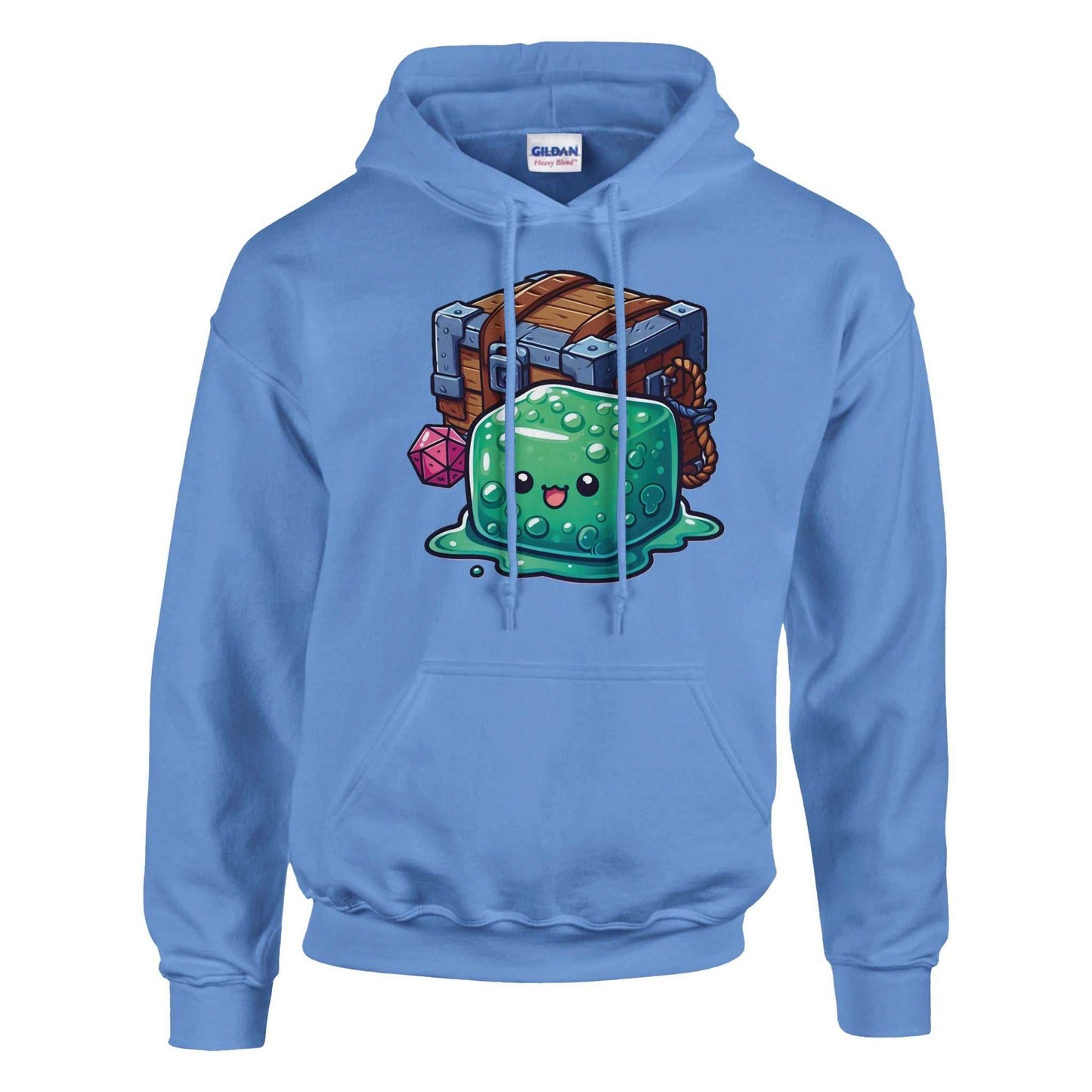 Gelatinous Cube and Mimic women's pullover hoodie in blue with front pouch pocket and double-lined hood.