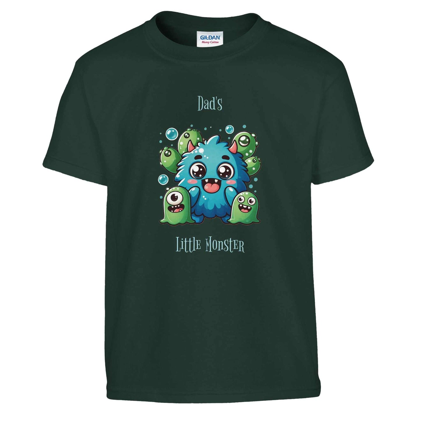 Green kids crewneck T-shirt with "Dad's Little Monster" design and cartoon monsters.