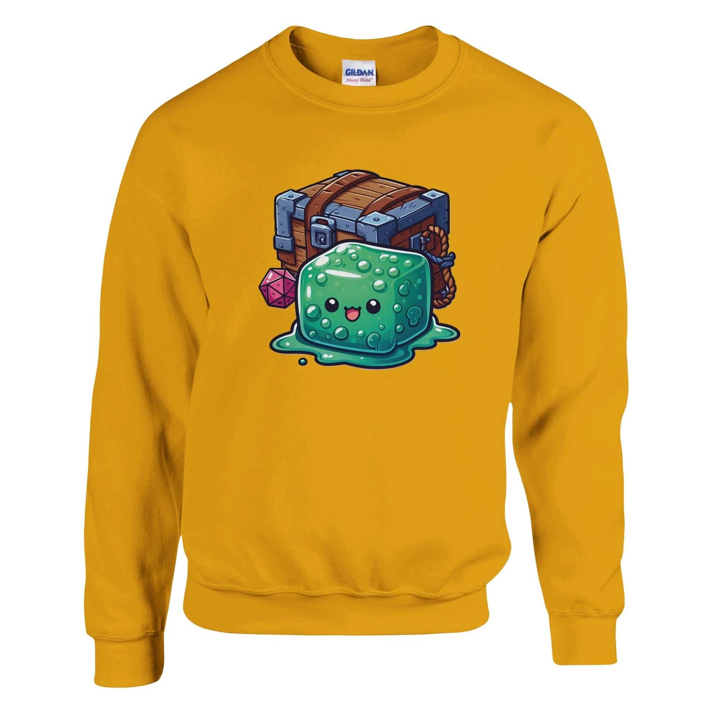 Gelatinous Cube and Mimic Women's Crewneck Sweatshirt, mustard color, featuring fantasy-inspired design.