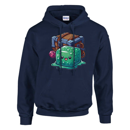 Gelatinous Cube and Mimic women's pullover hoodie in navy, featuring fantasy-themed design.