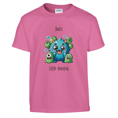 Monster Kids Crewneck T-shirt, pink with cute monster design, 100% cotton.