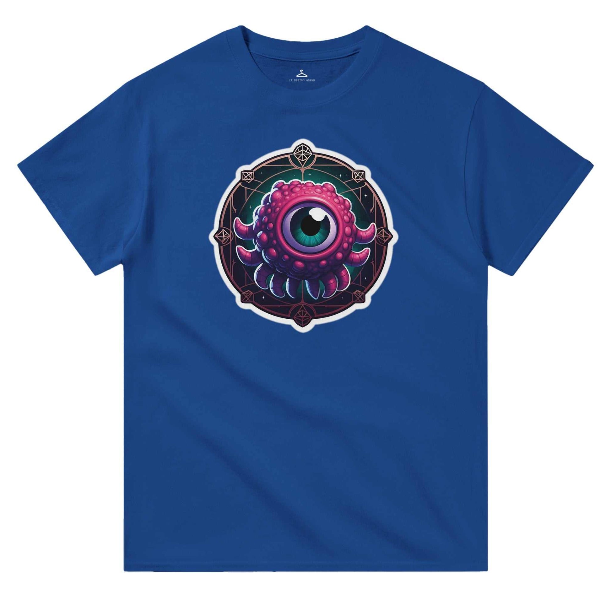 Beholder Men's Crewneck Tshirt, heavyweight cotton, durable classic fit, blue shirt with eye graphic.