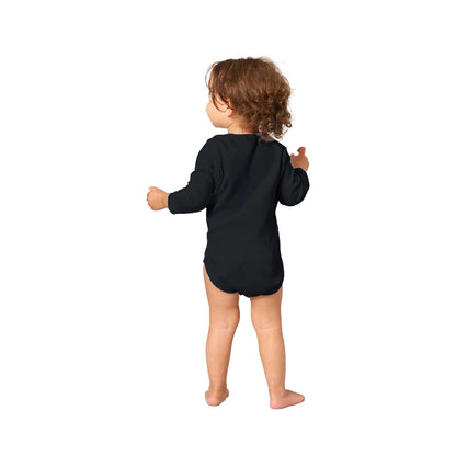 Baby wearing Fox Classic Baby Long Sleeve Bodysuit, black, relaxed fit.