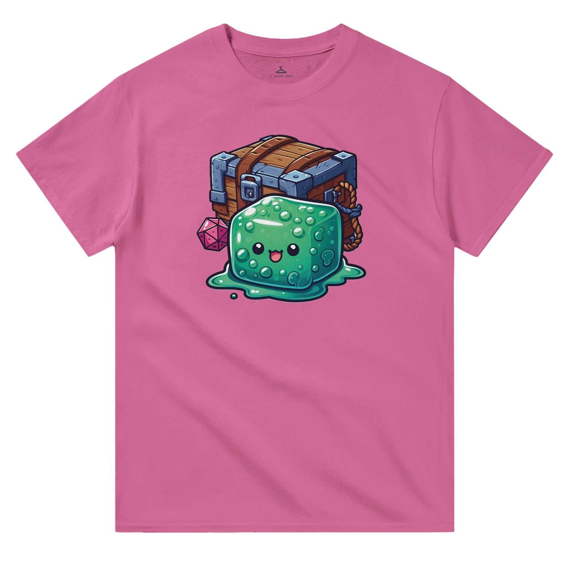 Gelatinous Cube and Mimic graphic on pink men's crewneck t-shirt.