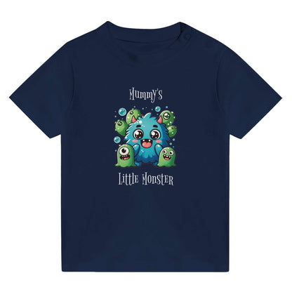 Mummy's Little Monster Baby Crewneck T-shirt in navy blue with monster print.