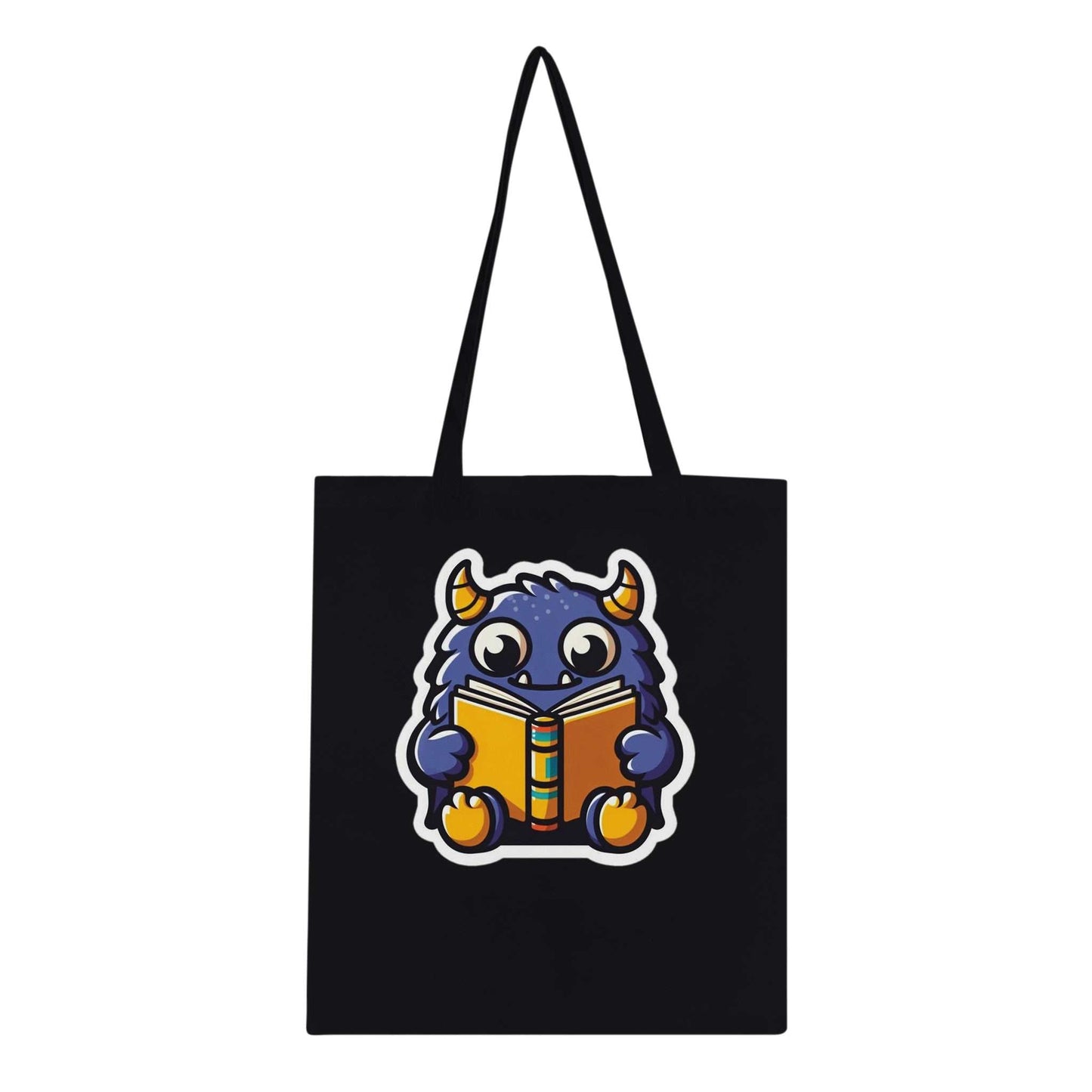 Book Monster Classic Tote Bag with reinforced handles and book monster design on black 100% cotton fabric.