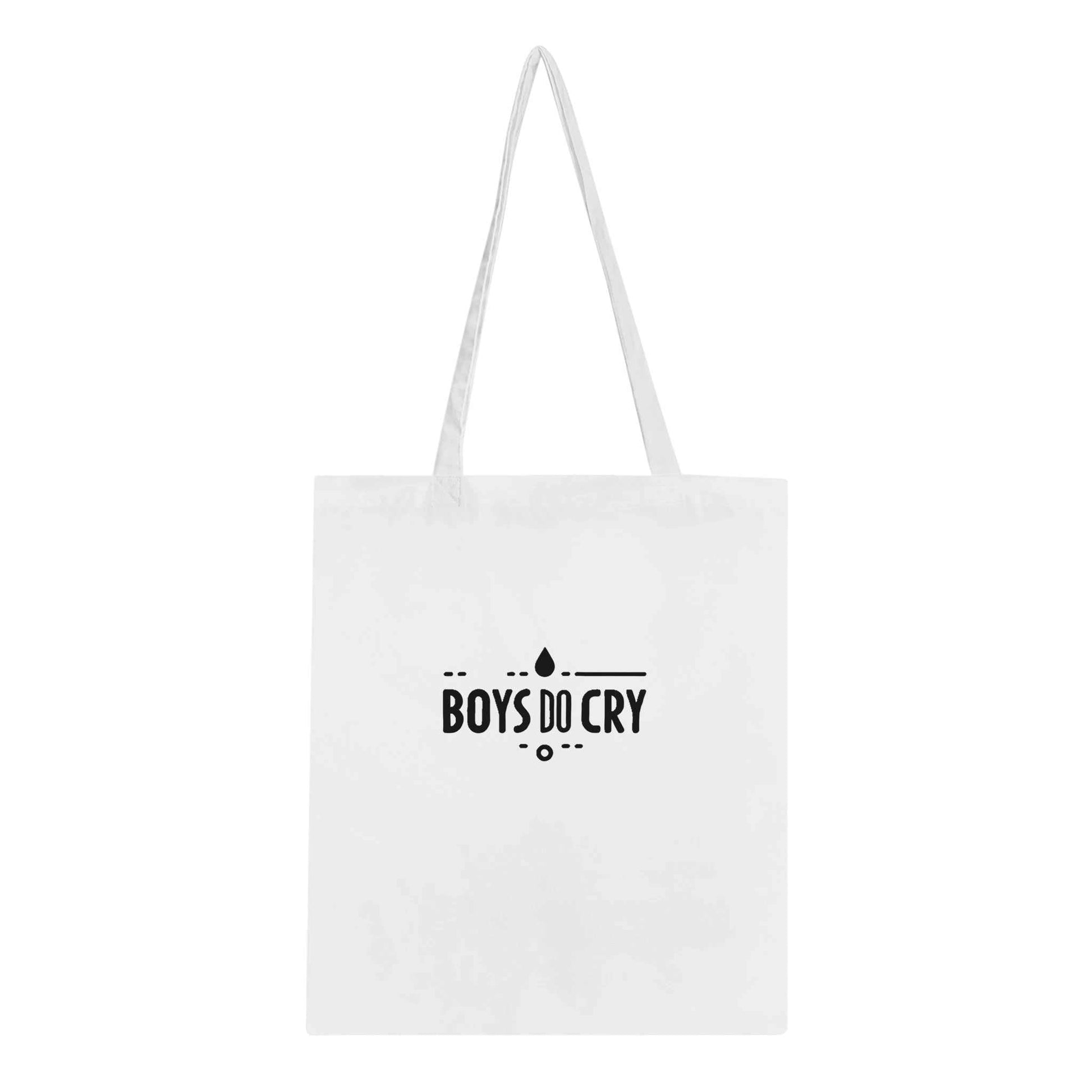 Boys Do Cry Classic Tote Bag with reinforced handles on white cotton fabric.