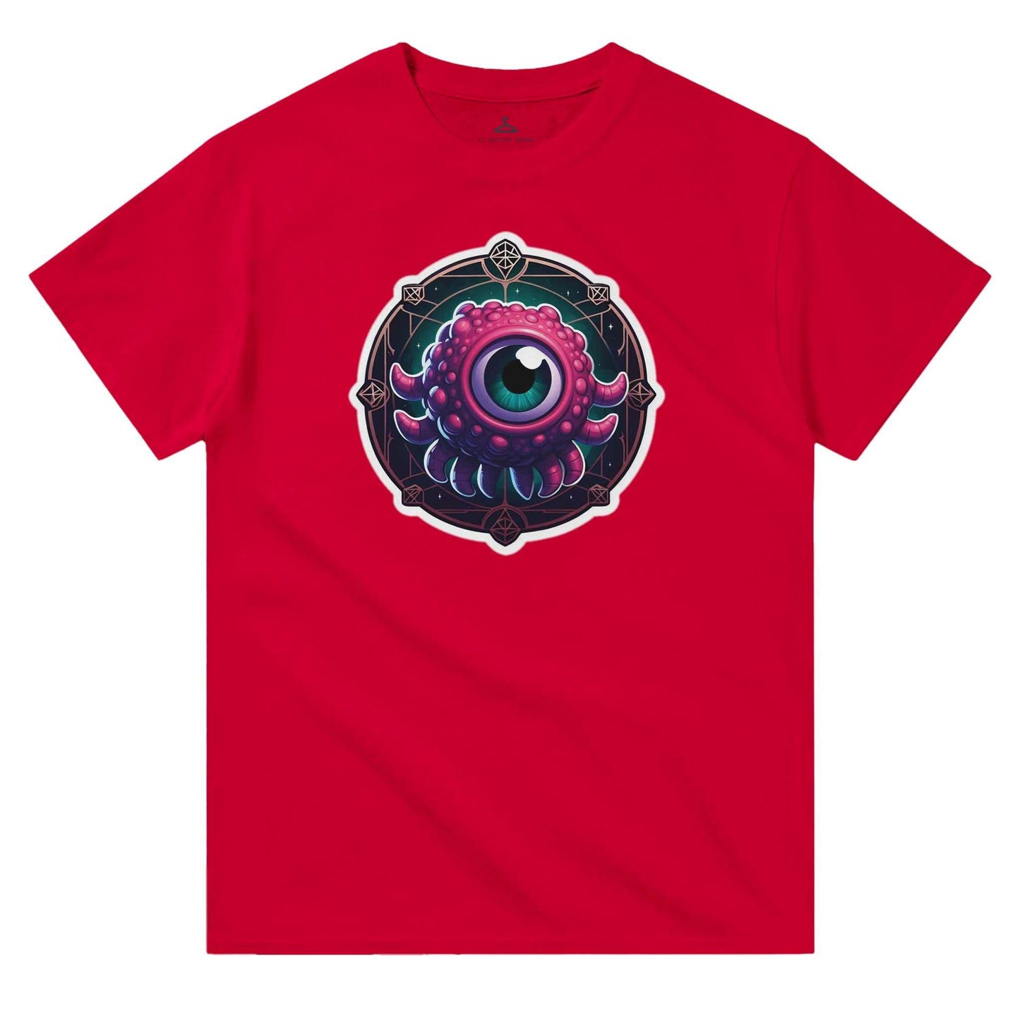 Red Beholder Women's Crewneck T-shirt featuring durable heavyweight cotton, classic fit, and eye design.