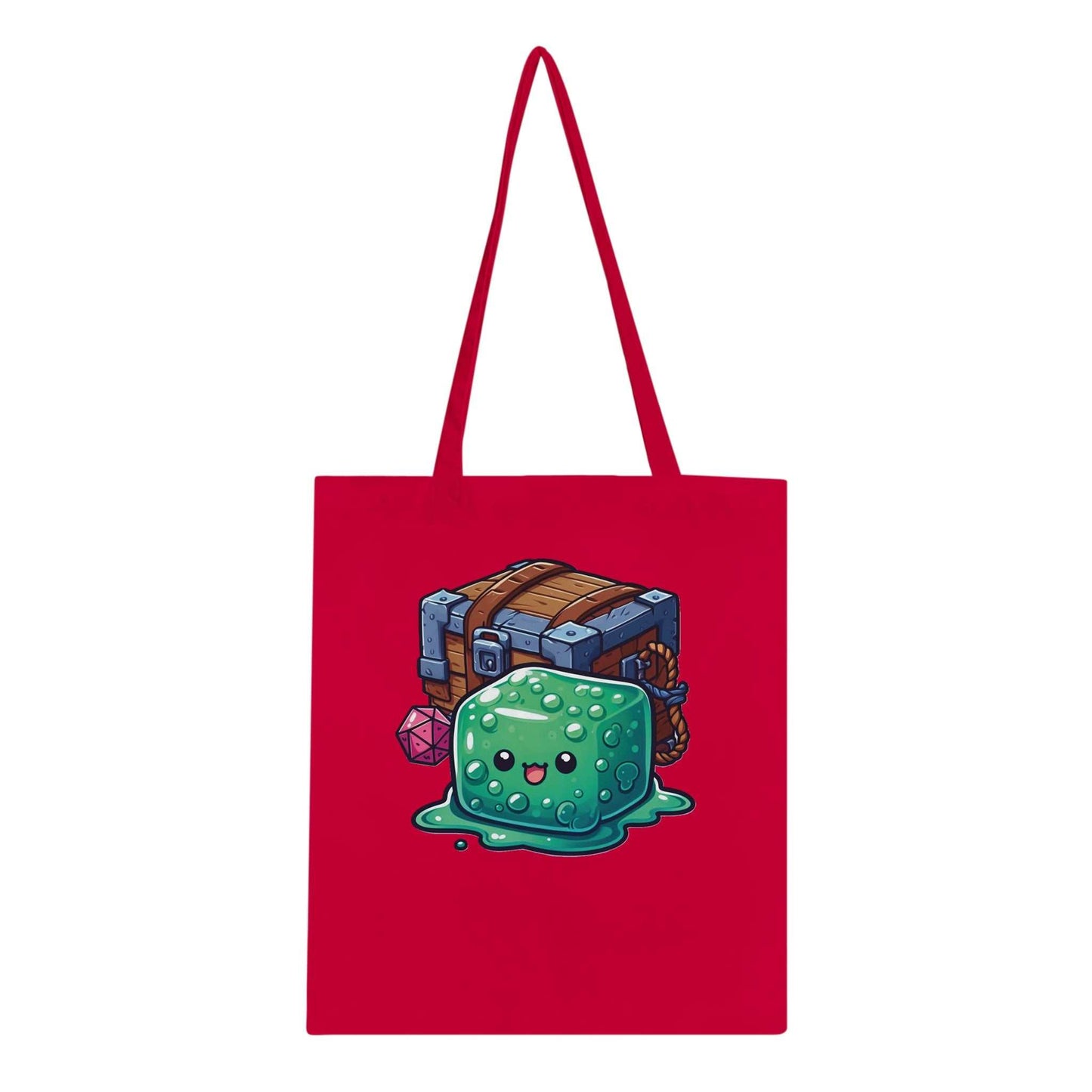 Red tote bag featuring cute gelatinous cube and mimic design, eco-friendly 100% cotton.