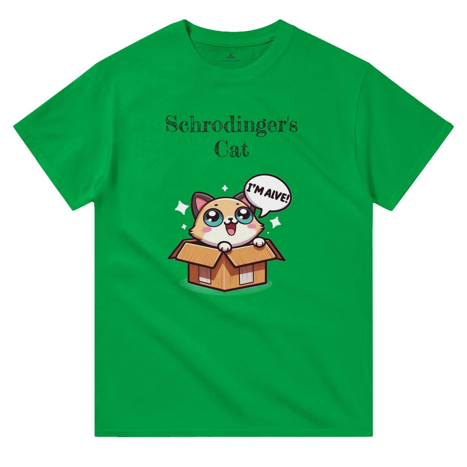 Green Schrödinger's Cat crewneck t-shirt with cartoon cat in box design.