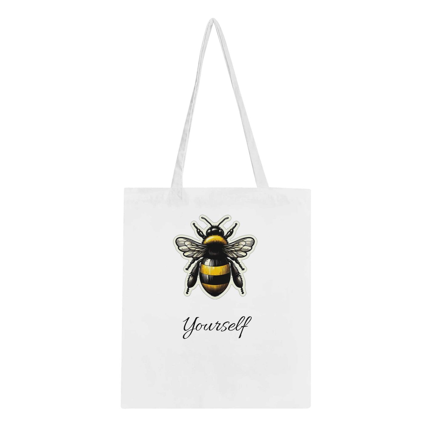 Eco-friendly "Bee Yourself" cotton tote bag with bee design, reinforced handles, and 10-liter capacity.