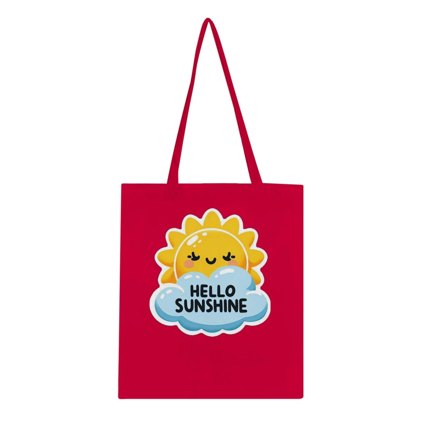 Red cotton tote bag with "Hello Sunshine" design, reinforced handles, eco-friendly.