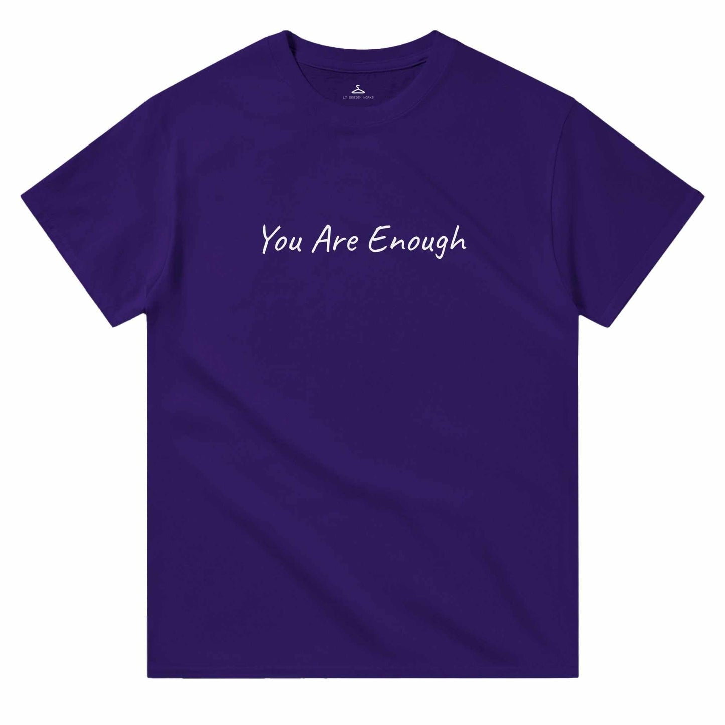 "You Are Enough" women's crewneck t-shirt in deep purple with white text.