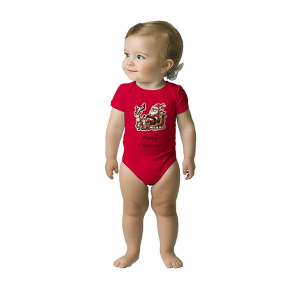 Festive Happy Christmas unisex baby bodysuit in red with short sleeves.