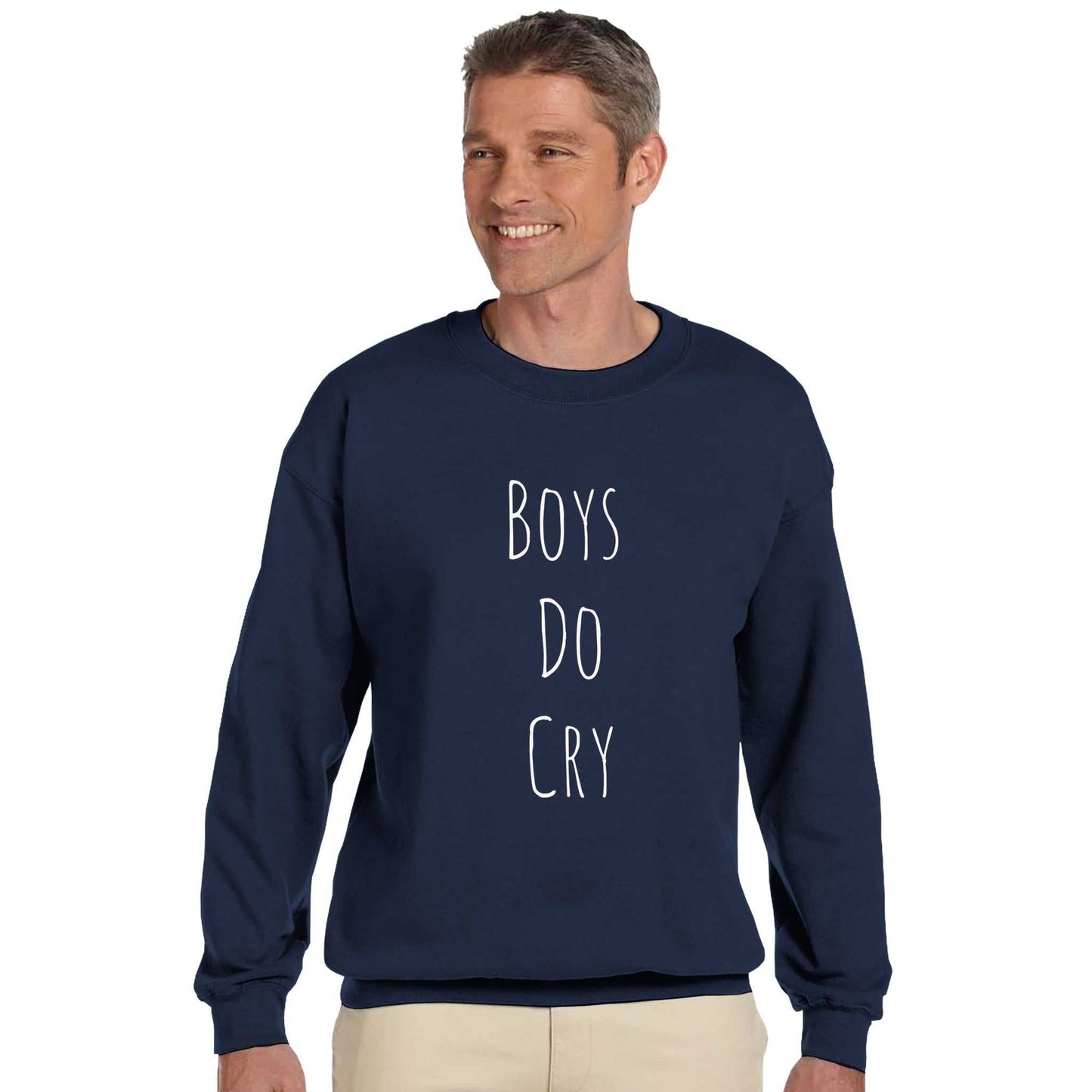 Boys do Cry printed classic crewneck sweatshirt, navy blue, worn by a smiling man.