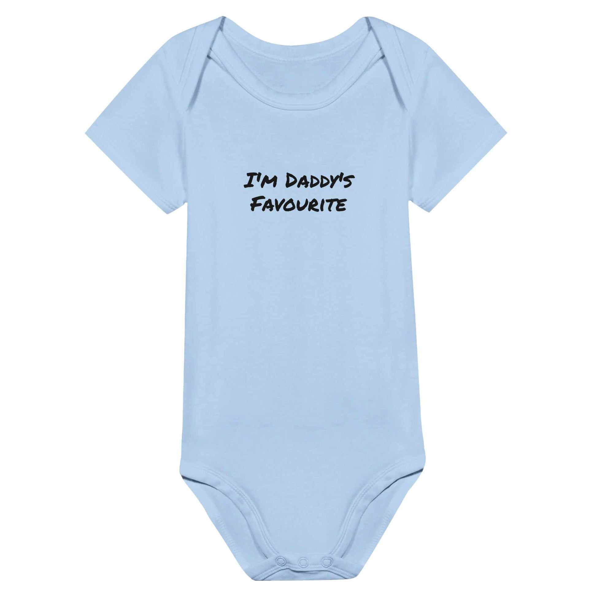 Blue short sleeve baby bodysuit with "I'm Daddy's Favourite" text.