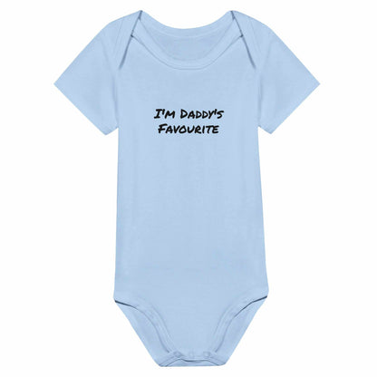 Blue short sleeve baby bodysuit with "I'm Daddy's Favourite" text.