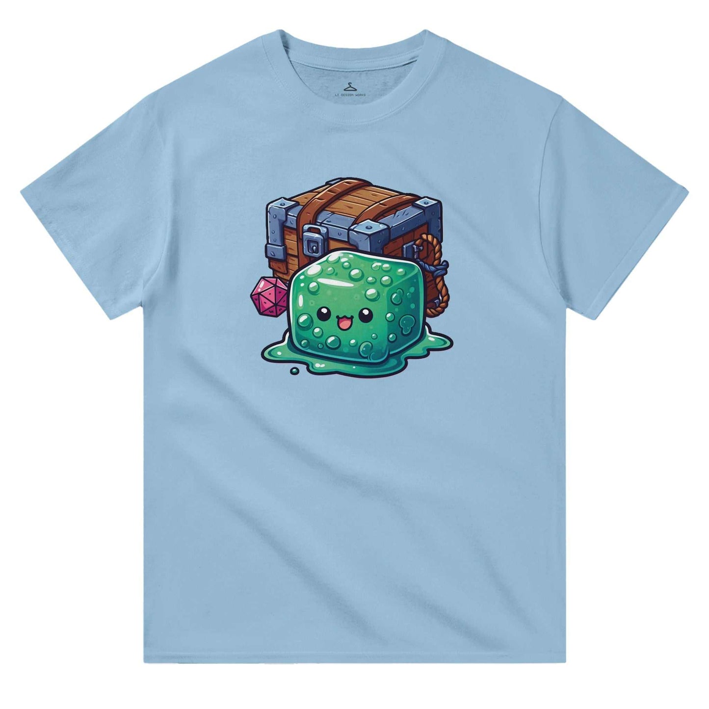 Gelatinous Cube and Mimic design on women's crewneck t-shirt, heavyweight cotton, classic fit.