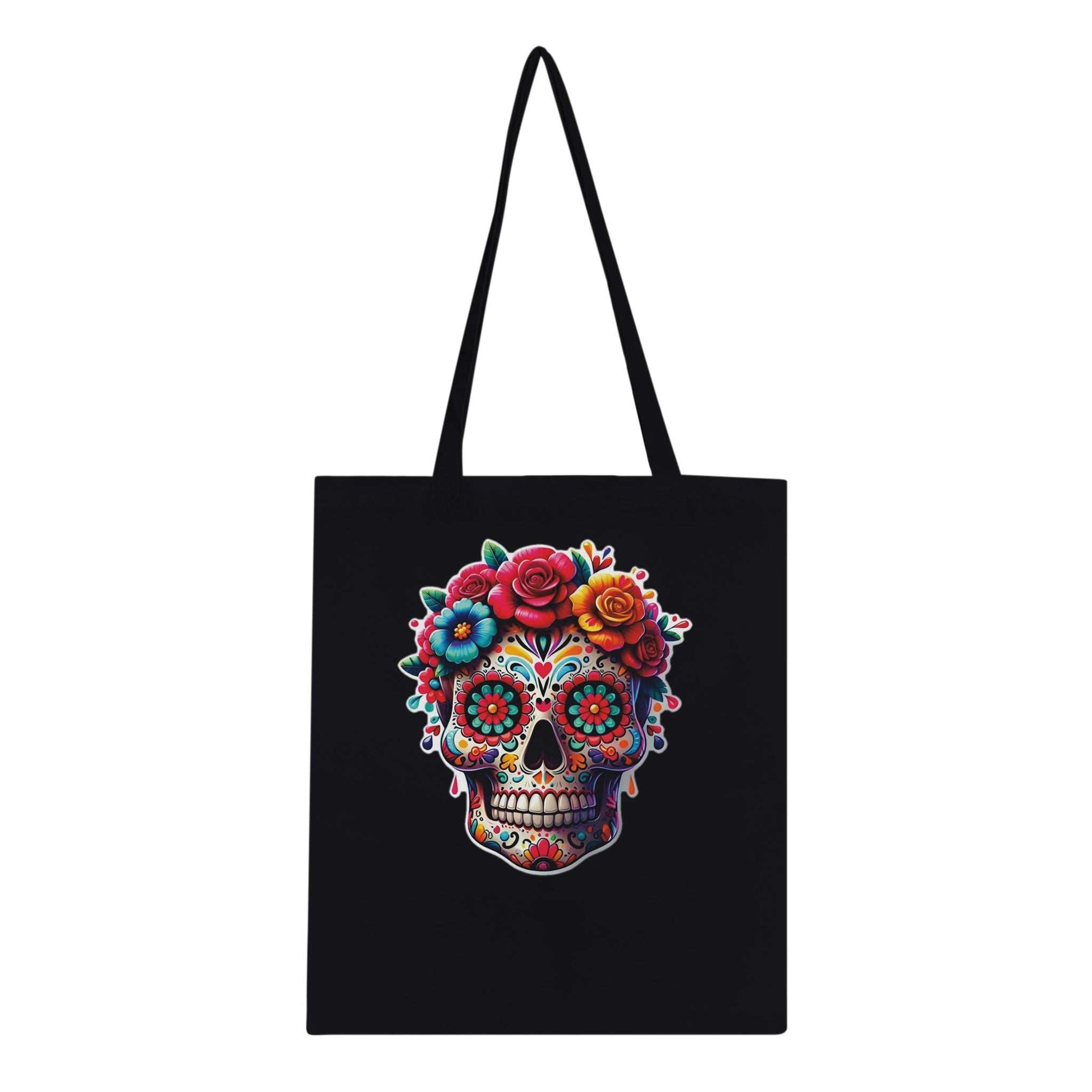 Eco-conscious Skull Classic Tote Bag with floral skull design, reinforced handles, 100% cotton.