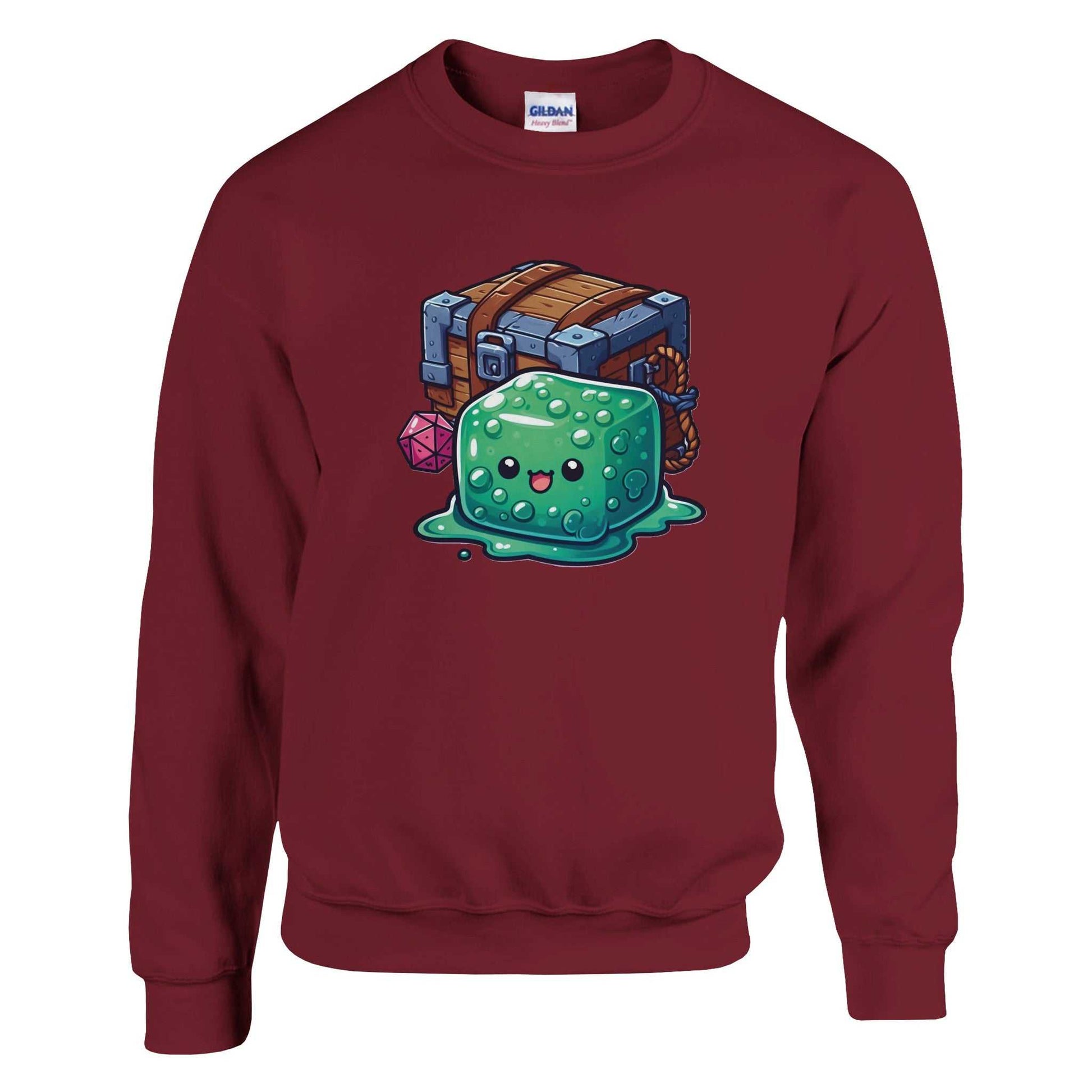 Gelatinous Cube and Mimic men's crewneck sweatshirt in maroon, featuring a fantasy-themed design.