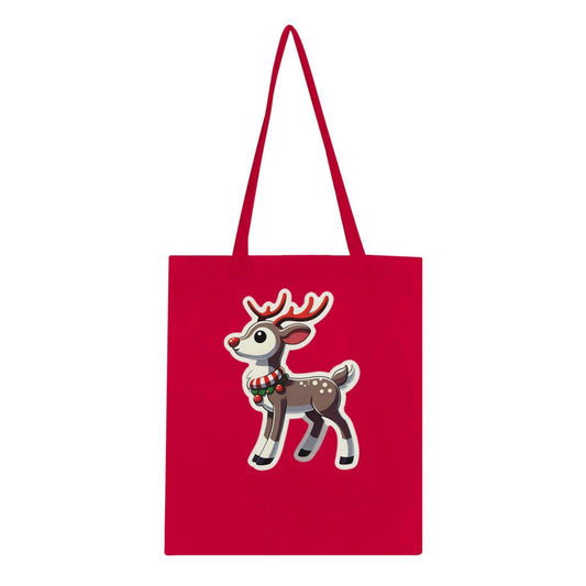 Eco-friendly cotton tote bag with reindeer design, reinforced stitching, and 10-litre capacity.