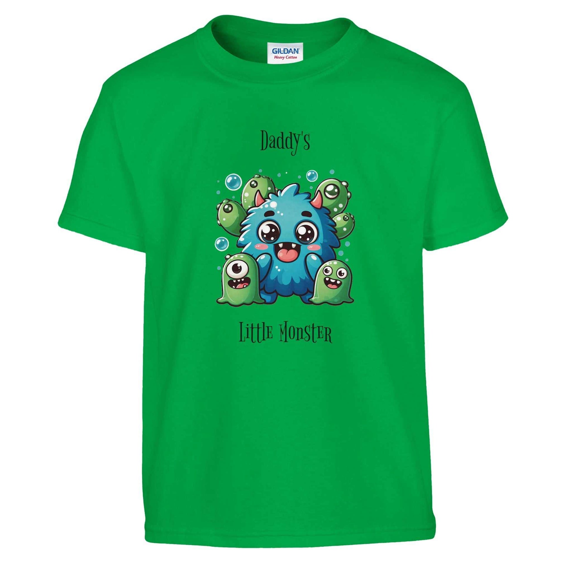 Green "Daddy's Little Monster" kids crewneck T-shirt with cute monster graphic.