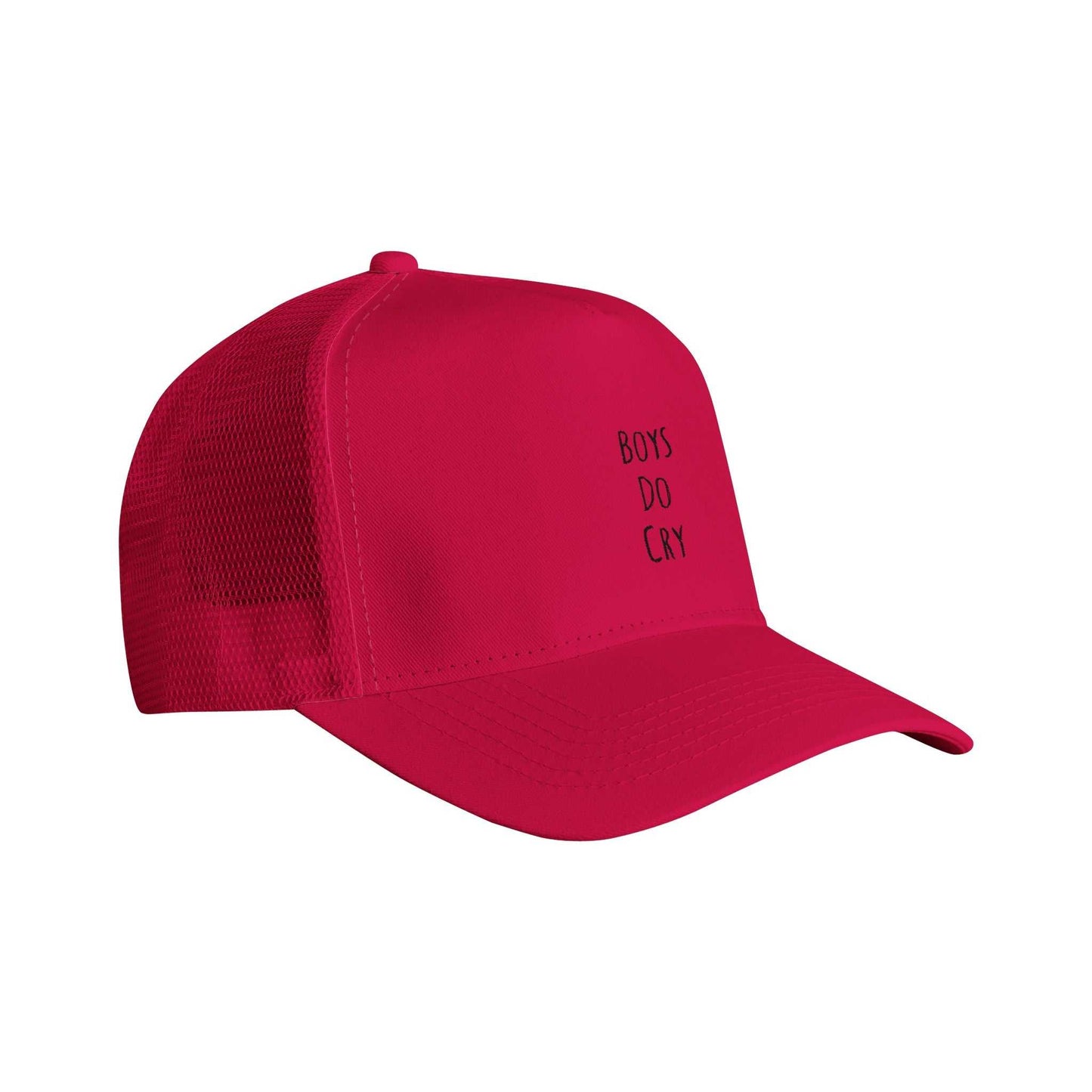 Boys Do Cry embroidered red snapback trucker cap with mesh panels.