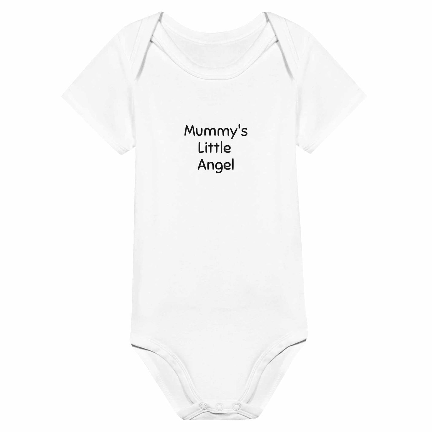 Mummy's Little Angel baby short sleeve bodysuit, 100% cotton, easy access lap shoulders and leg openings.