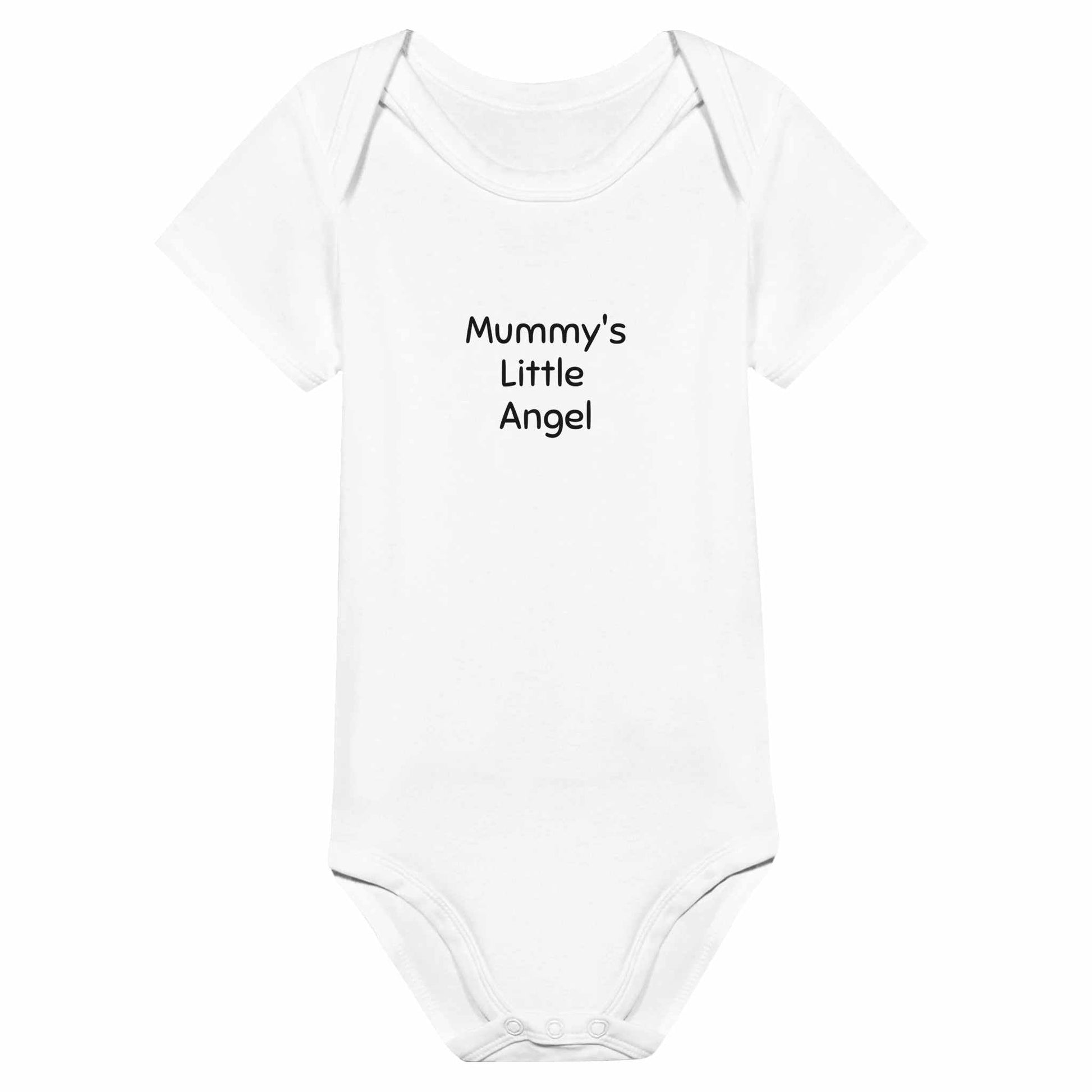 Mummy's Little Angel baby short sleeve bodysuit, 100% cotton, easy access lap shoulders and leg openings.