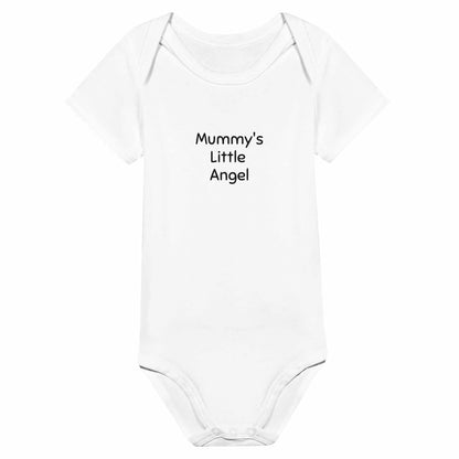 Mummy's Little Angel baby short sleeve bodysuit, 100% cotton, easy access lap shoulders and leg openings.